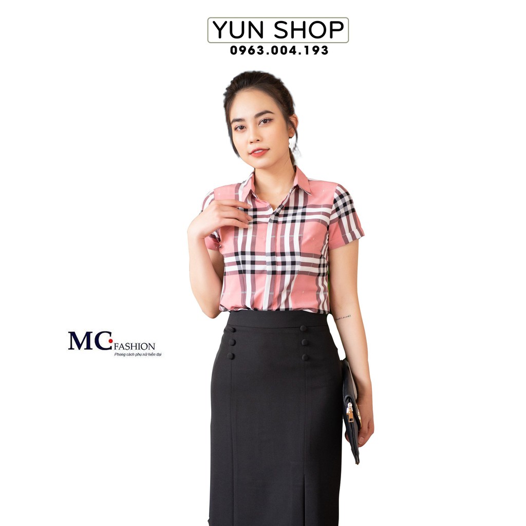 Áo Sơ Mi Nữ- Áo Sơ Mi Công Sở Thanh Lịch Kiểu Dáng Cộc Ngắn Tay  A665 Kẻ Bbr Màu Hồng