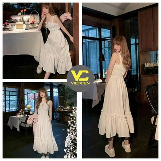 Đầm 2 dây nữ bản to màu trắng dáng dài bèo tầng dây rút ngực chất đũi mềm mịn - VIETCEN