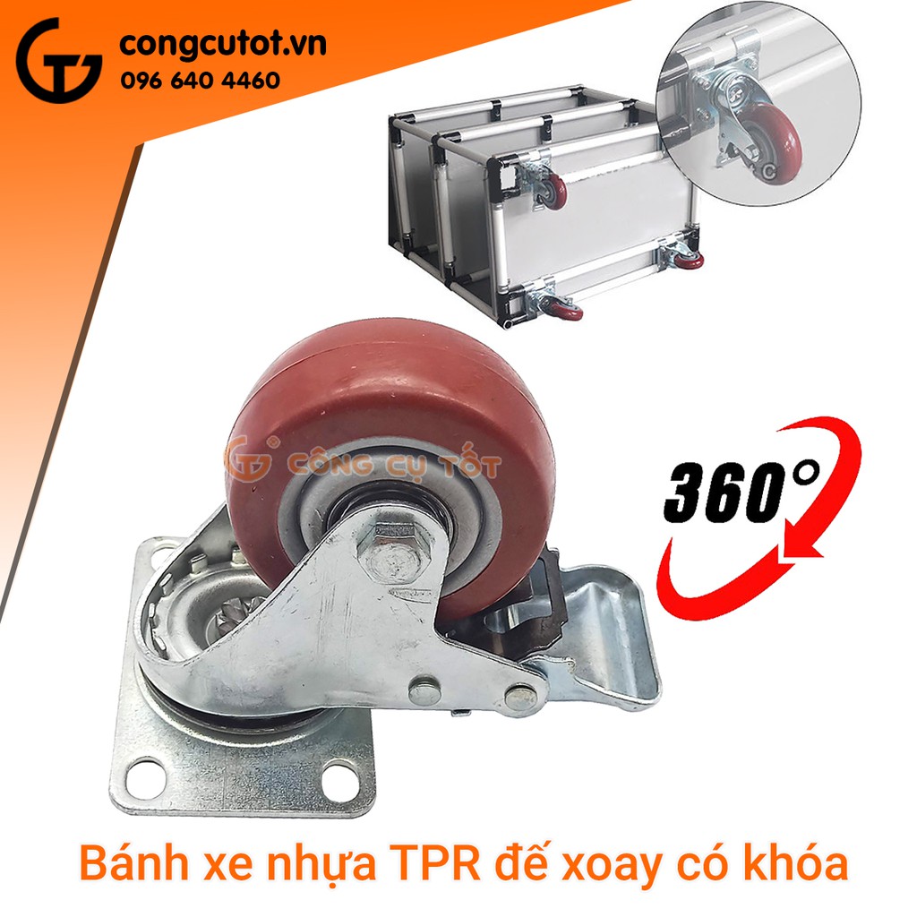 Bánh xe đẩy mặt đế xoay càng sắt mạ kền tải trọng 50kg lốp nhựa TPR đỏ mận rộng 32mm