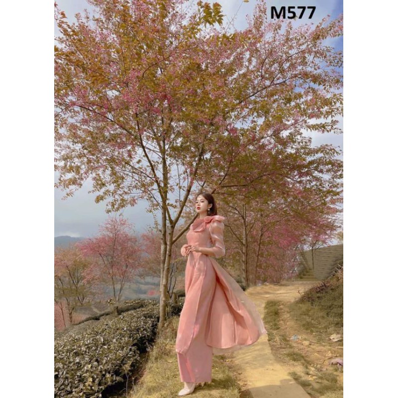 Áo dài cách tân nữ hồng nơ cổ siêu hot 2021 tặng kèm quần hồng đậm