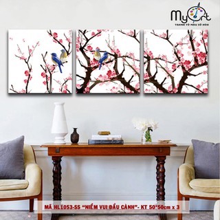 Set 3 bức tranh sơn dầu số hóa tự tô màu DIY - HL1053SS Chim hót mùa xuân Đôi chim hoa đào Tranh Tết Myart