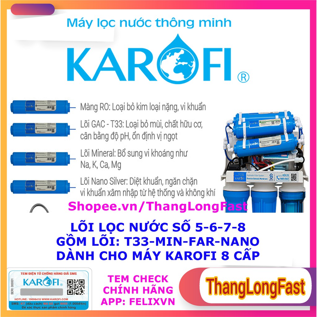 COMBO 8 LÕI LỌC NƯỚC KAROFI CHÍNH HÃNG - GỒM BỘ LÕI 123, MÀNG RO, T33, MIN, FAR, NANO