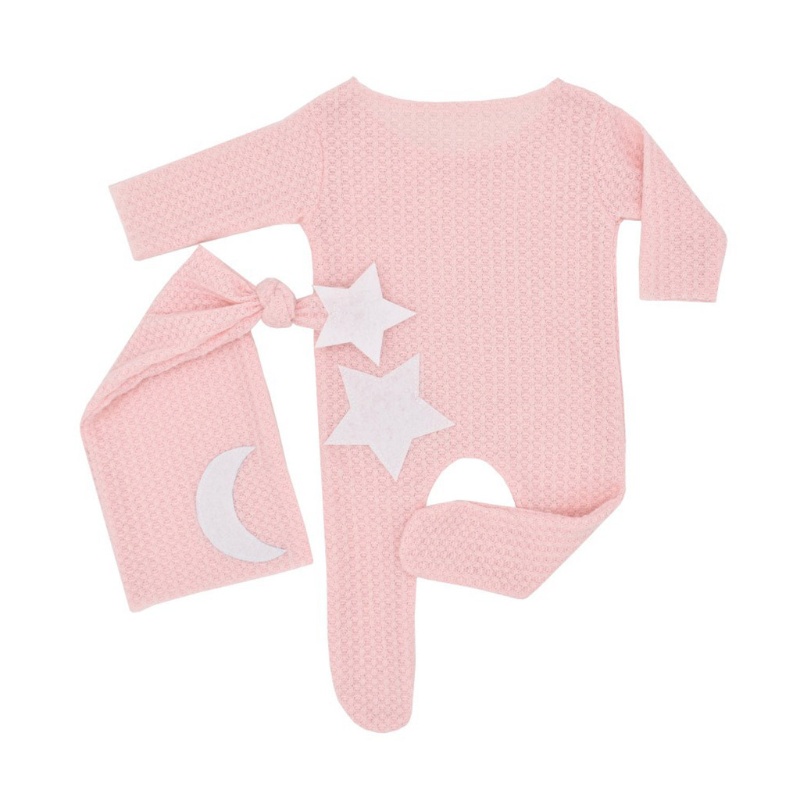 Set 2 Món Áo Liền Quần Dệt Kim Với Mũ Thắt Nút Dài Cho Bé Sơ Sinh Chụp Ảnh