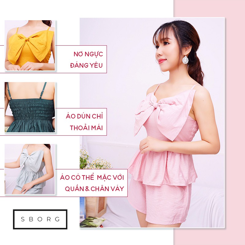 Set đồ nữ đi chơi SBORG quần áo thời trang nữ xô hàn áo nơ 2 dây dễ thương quần đùi sexy freesize dưới 58kg quà tặng vợ