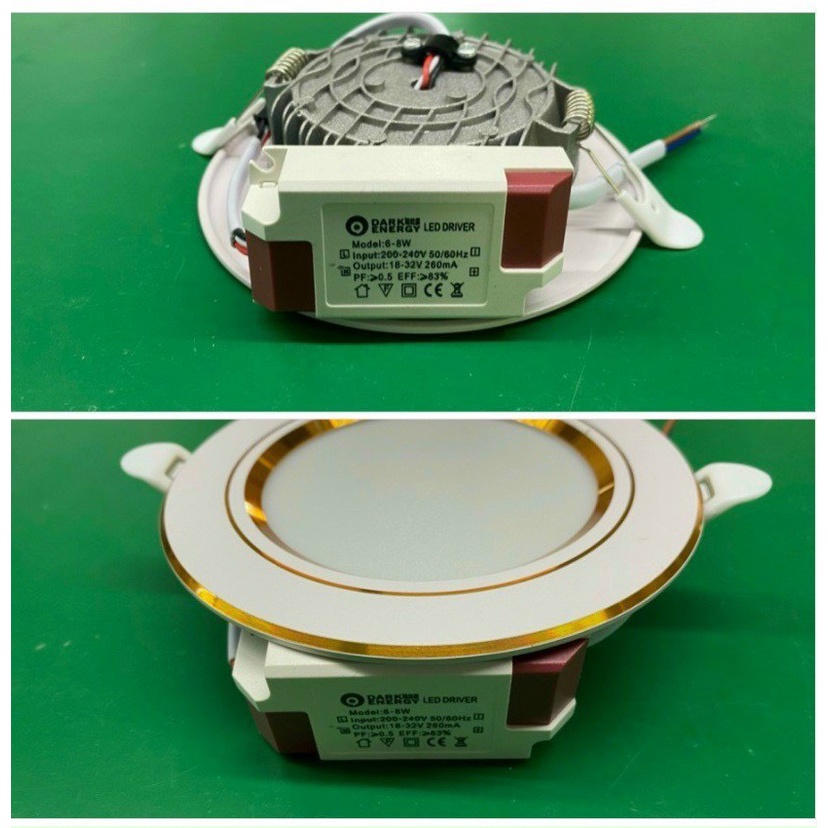 Đèn Led âm trần ánh sáng trắng, 3 màu 7w phi 90 viền vàng, viền bạc đế đúc.