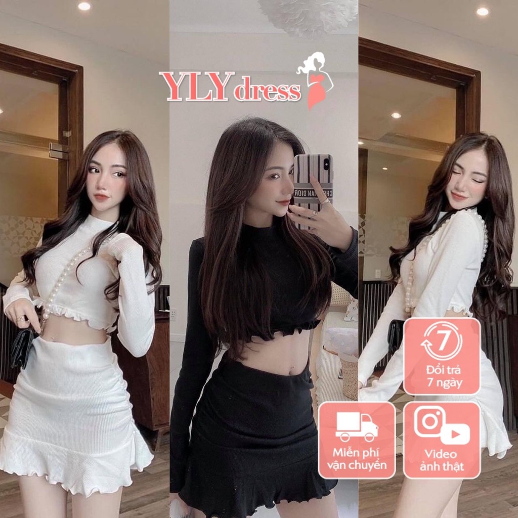 Set váy đầm nữ áo croptop dài tay mix chân váy bút chì đuôi cá freesize màu đen trắng phom ôm sexy tôn dáng C633