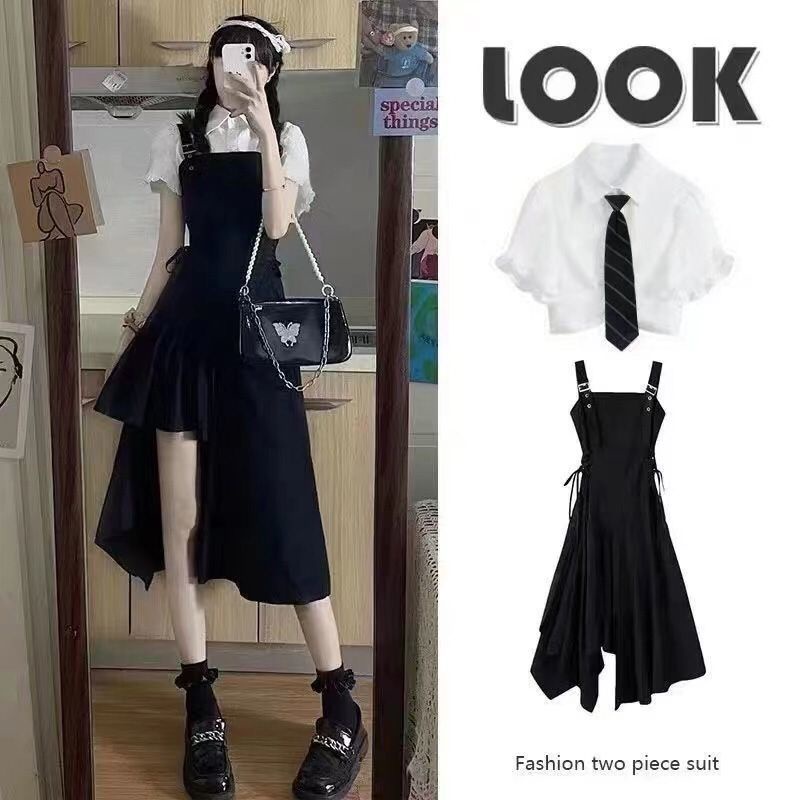 UIOWOO  Set Áo Sơ Mi Phối Bèo Và Chân Váy Yếm Phong Cách Mới Thời Trang Mùa Hè Xinh Xắn Cho Nữ