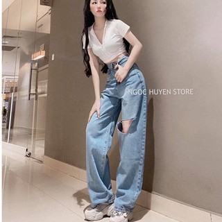 Quần jeans nữ ống rộng màu xanh - Quần bò ống rộng rách gối - CM Shop