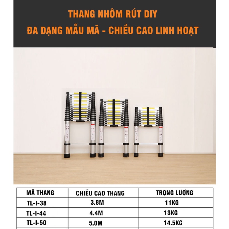 Thang nhôm rút đơn nhập khẩu DIY 3.8M - 4.4M - 5.0M đế cao su chống trượt, khóa chốt chắc chắn, tải trọng 150kg