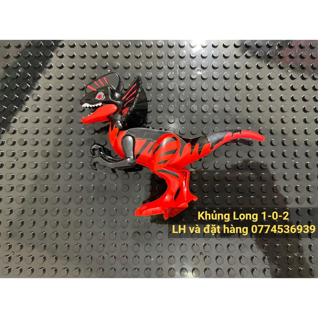Khủng Long Dilophosaurus Phiên Bản Màu Đỏ Đen Jurassic World Hãng Lele Dài 12cm x Cao 8cm