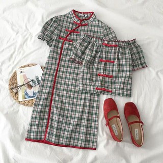 [HÀNG ORDER 7 ĐẾN 10 NGÀY] Sườn xám cách tân họa tiết kẻ caro và áo cùng kiểu - đồ đôi cho cặp bạn thân nữ