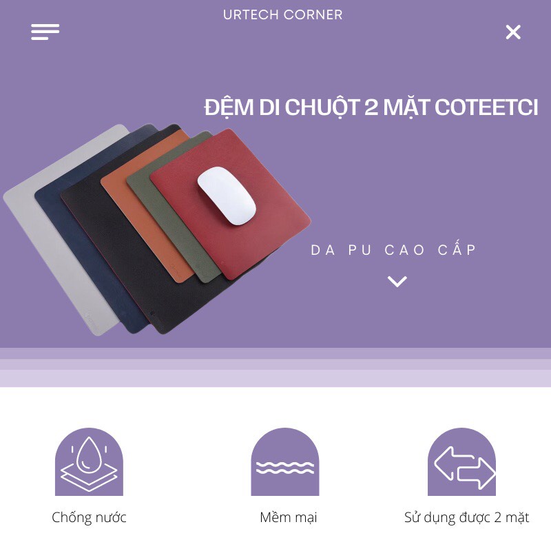 Bàn di chuột máy tính Coteetci Urtechcorner chất liệu da PU cao cấp sử dụng được cả hai mặt hai cỡ lựa chọn