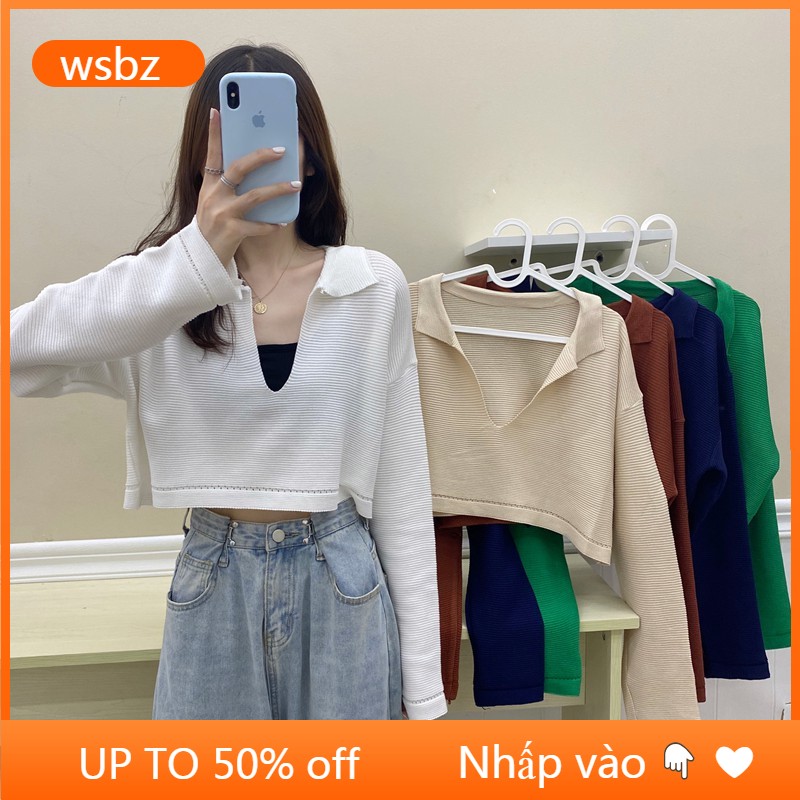 Áo Croptop Dệt Kim Tay Dài Cổ Chữ V Phong Cách Hàn Quốc