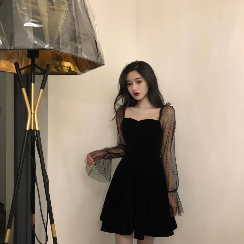 Đầm đen nữ tay dài ren lưới tay áo phồng cổ vuông ulzzang