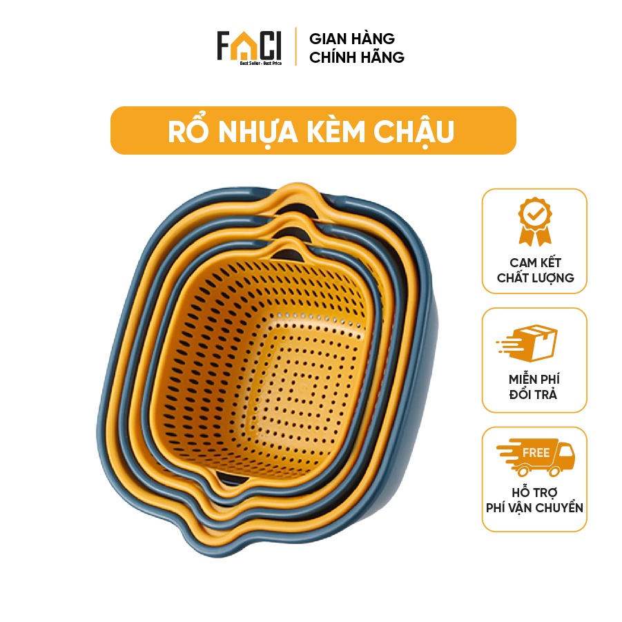 Rổ nhựa kèm chậu Faci bộ 6 món, nhiều kích thước. Rổ nhựa kèm chậu thông minh xếp gọn gàng có quai rửa rau củ trái cây đ