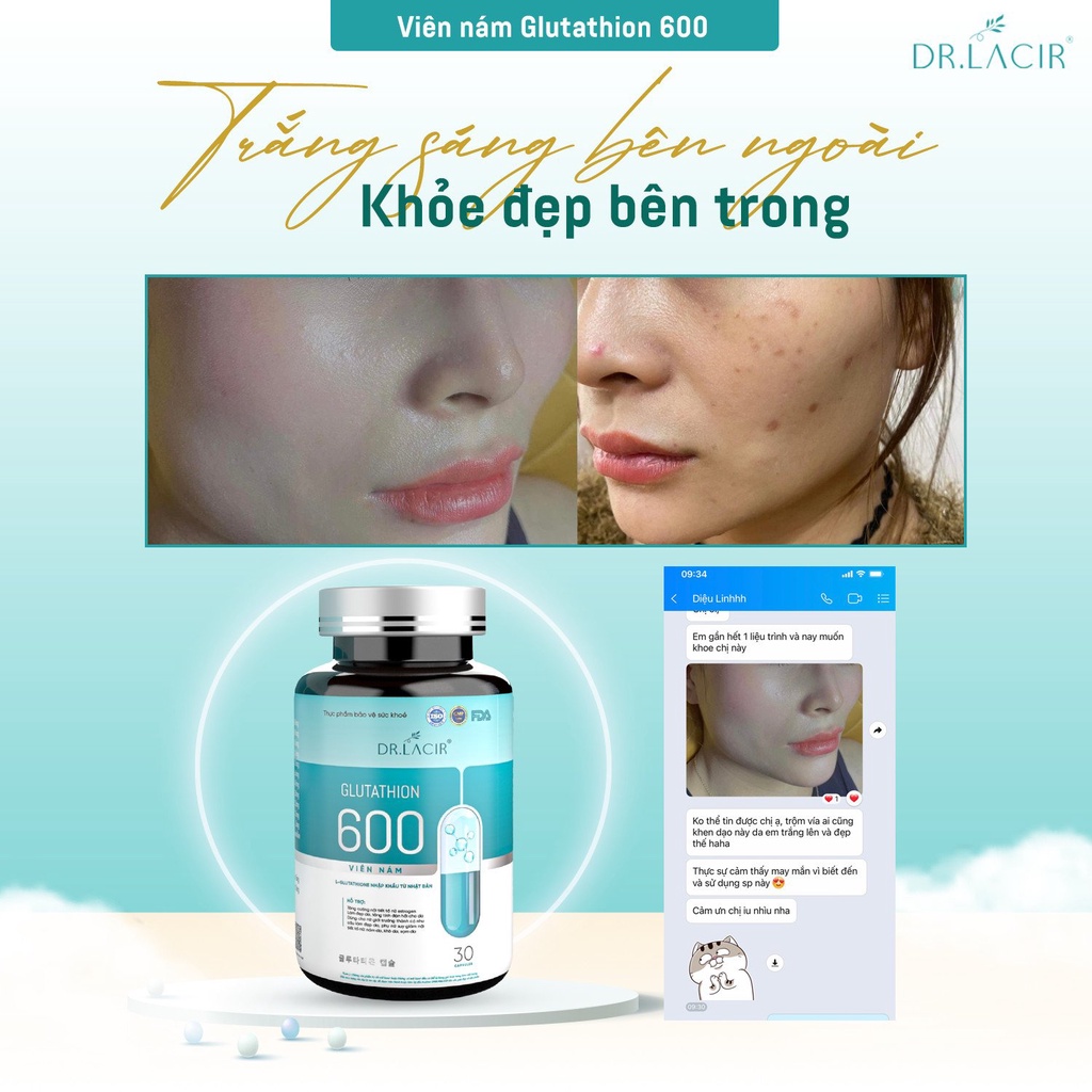 Glutathione 600 Dr Lacir viên uống trắng da chính hãng giảm thâm nám, cân bằng nội tiết tố nữ - hộp 30 viên LM05