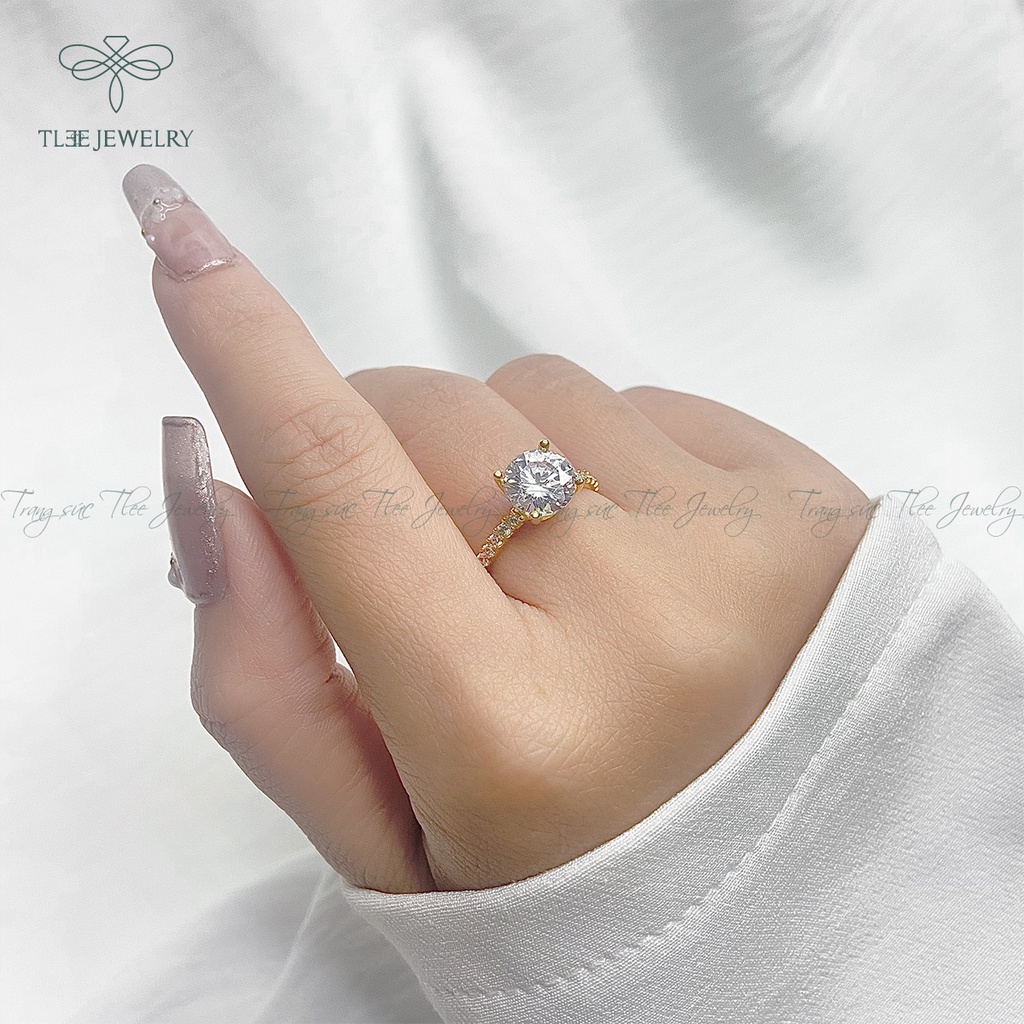 Nhẫn bạc nữ TLEE trụ đá bốn chấu mạ vàng 14k ổ đá 8li sang trọng NCJ A0150