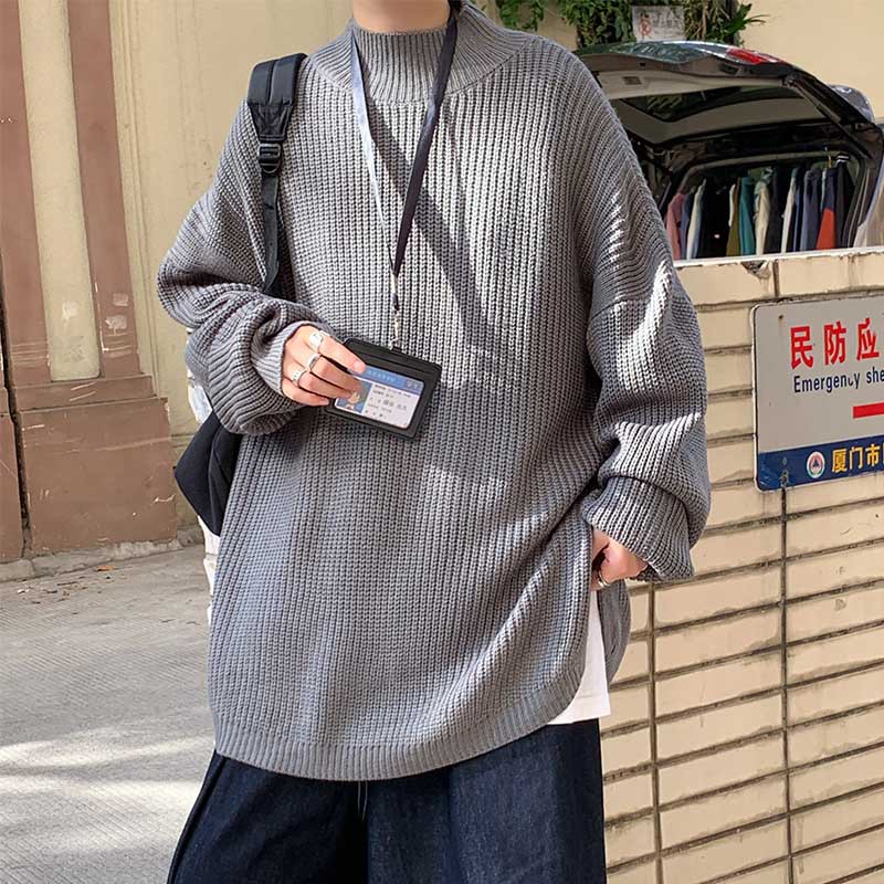 Áo Sweater Cổ Lọ Dáng Rộng Xẻ Tà Kiểu Retro Nhật Bản Thời Trang Thu Đông Cho Nam