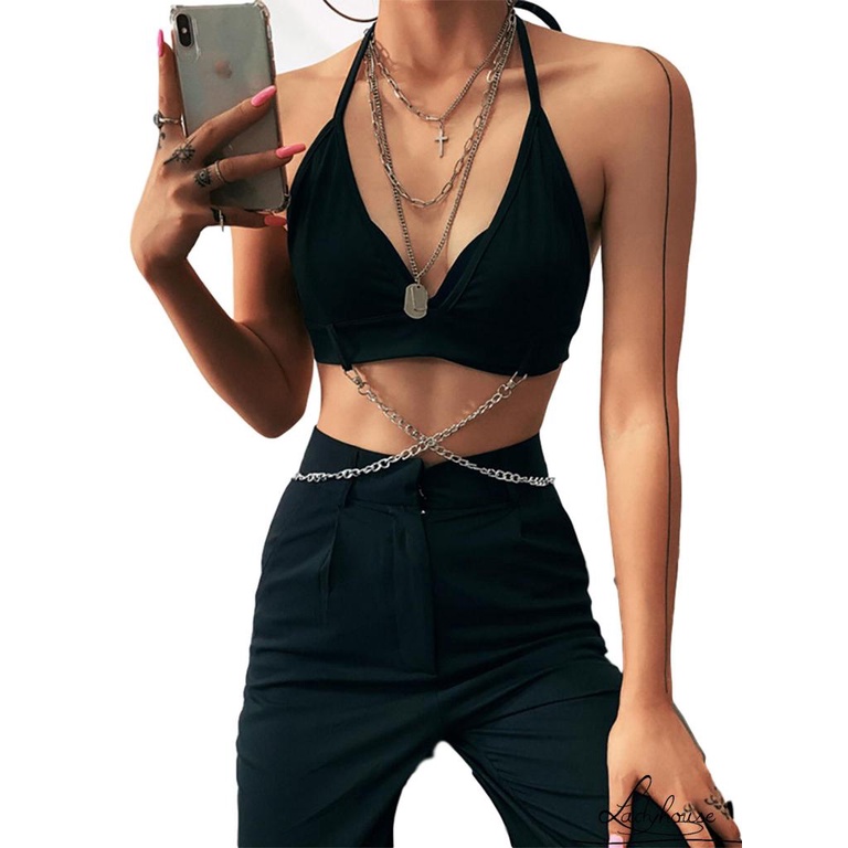Áo Croptop Hai Dây Cổ Chữ V Hở Lưng Có Dây Xích Gợi Cảm Cho Nữ