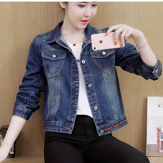 Áo khoác jean nữ phối viền sọc cổ bẻ dài tay