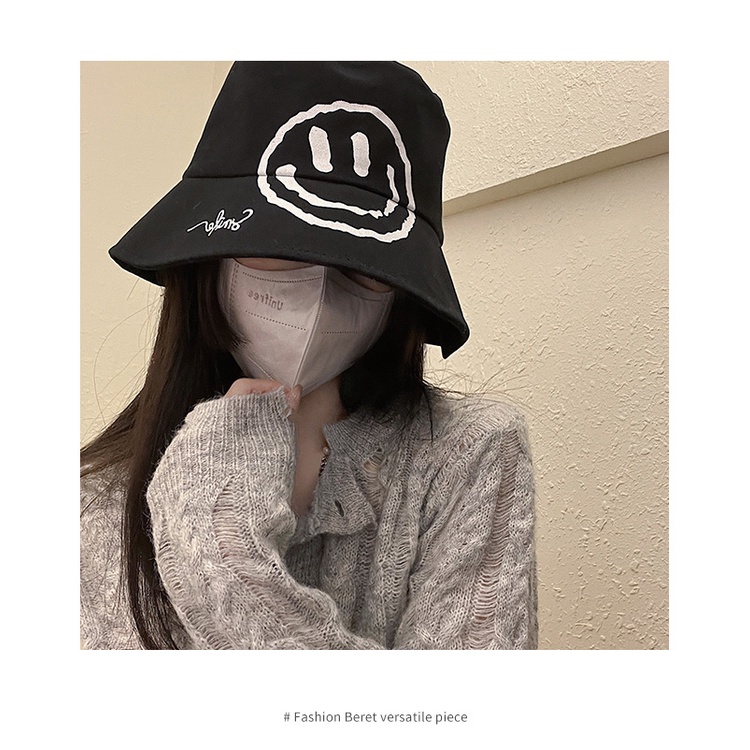 Nón Bucket Màu Đen In Họa Tiết Mặt Cười Phong Cách Nhật Bản Thời Trang Xuân Hè Độc Đáo Cho Nữ