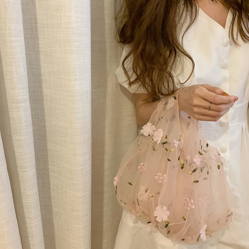 💐Túi Xách Hoa👜Túi Lưới Mua Sắm Bằng Lụa Trong Suốt In Họa Tiết Hoa Xinh Xắn Phong Cách Hàn Quốc