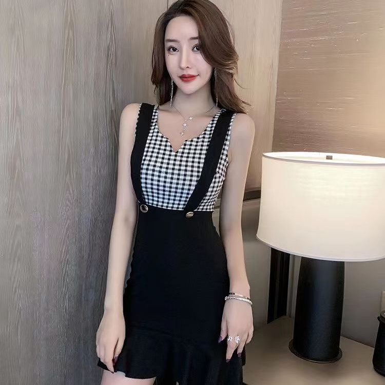 Đầm Nữ Giả Hai Lớp Cổ Chữ V Kẻ Sọc Caro Phong Cách Hàn Quốc Mới