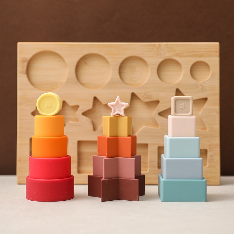 Bộ Đồ Chơi Xếp Chồng Silicon Mềm, nhận biết hình học theo phương pháp Montessori