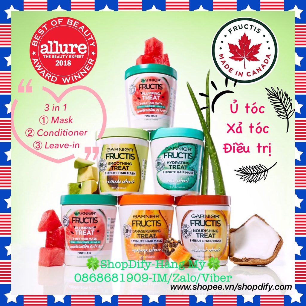 Kem ủ, xả và dưỡng tóc đa công dụng Mặt nạ tóc 1 phút Garnier Fructis one minute Hair Mask 400ml Bơ Đu đủ Dưa hấu của Mỹ