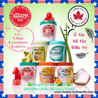 (Mỹ) Kem ủ, xả, dưỡng tóc, phục hồi, Mặt nạ tóc 1 phút Garnier Fructis one minute Hair Mask 400ml Bơ Đu đủ Dưa hấu Dừa