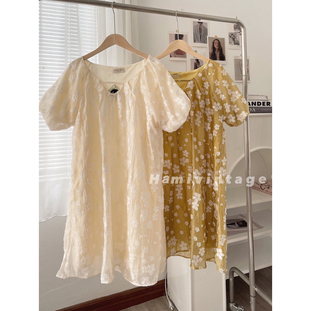 váy xuông hoa ngắn cổ v chất tơ óng mềm babydoll HM675