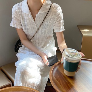 (ORDER-Sẵn trắng) Váy sơ mi cổ bẻ dáng suông dài basic vải đũi mềm mát đơn giản kiểu Pháp vintage (HÀNG_MỚI_VỀ)