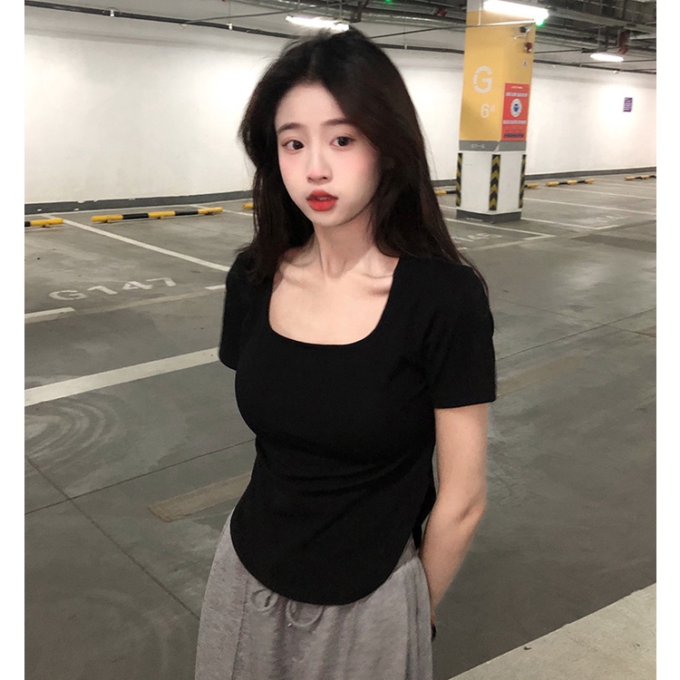 Áo Thun Tay Ngắn Cổ Vuông Dáng Ôm Phong Cách Hàn Quốc Thời Trang Cho Nữ