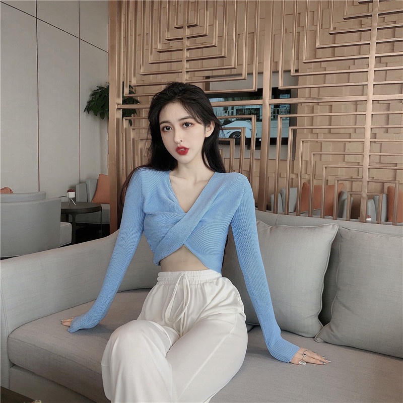 Áo dệt kim ZHELIHANGFEI tay dài lưng cao thiết kế dây đan chéo phong cách quyến rũ