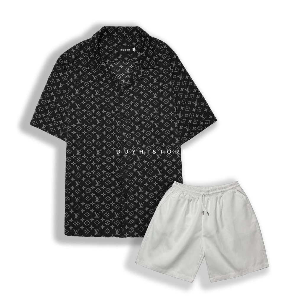 Áo sơ mi cộc tay unisex form rộng họa tiết LV ĐEN cho nam nữ | DUYHI
