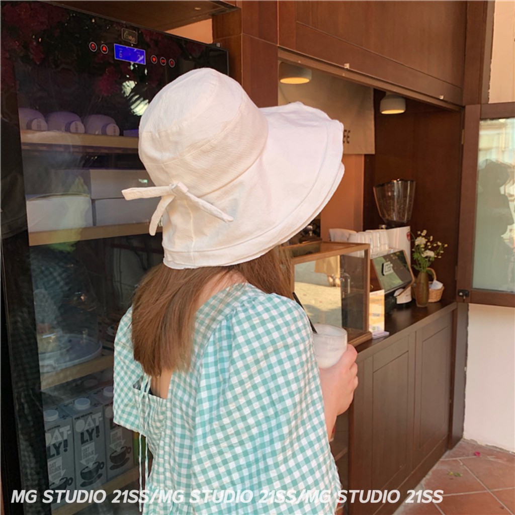 Mũ Bucket MG STUDIO Vải Cotton Vành Rộng Phối Nơ Gồm 3 Màu Sắc