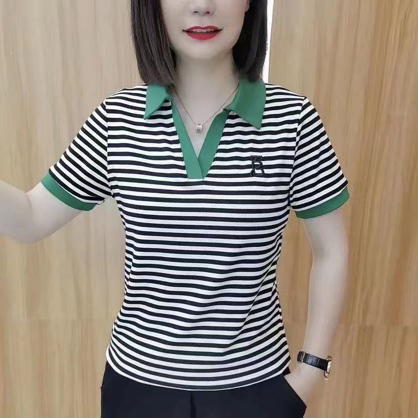 Áo Thun polo Dáng Rộng Họa Tiết Kẻ Sọc Phong Cách Phương Tây Thời Trang Mùa Hè Cho Phụ Nữ Trung Niên