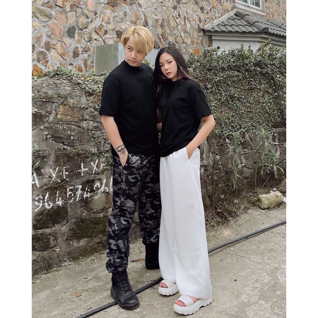 Áo thun nam nữ cổ 3cm trơn basic, chất cotton, thiết kế T-Ju màu đen trắng freesize dáng suông, hàn quốc (couple daily)
