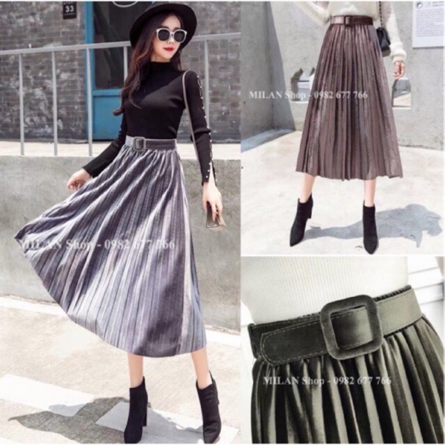 Chân váy nhung ép ly dài kèm đai | BigBuy360 - bigbuy360.vn