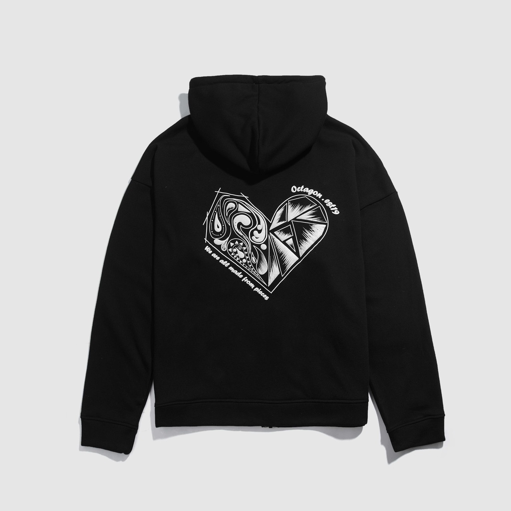 OCTAGON - Áo hoodie unisex HEART PIECES ZIP HOODIE ĐEN vải nỉ bông có nón dày dặn