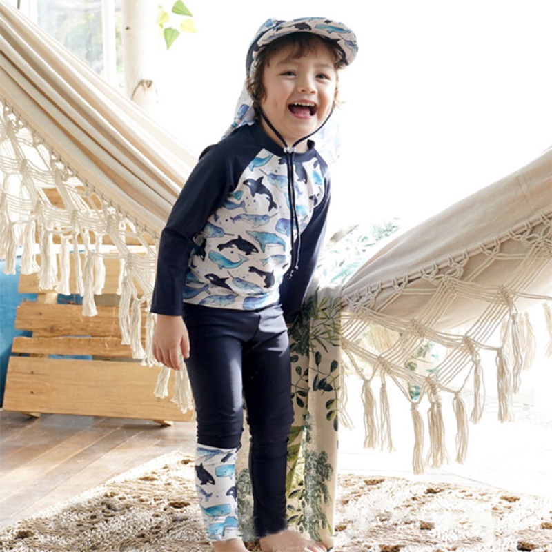 Bộ Đồ Bơi 2 Mảnh Tay Dài Hình Cá Mập Hoạt Hình Dễ Thương Cho Bé Trai 2-10 Tuổi