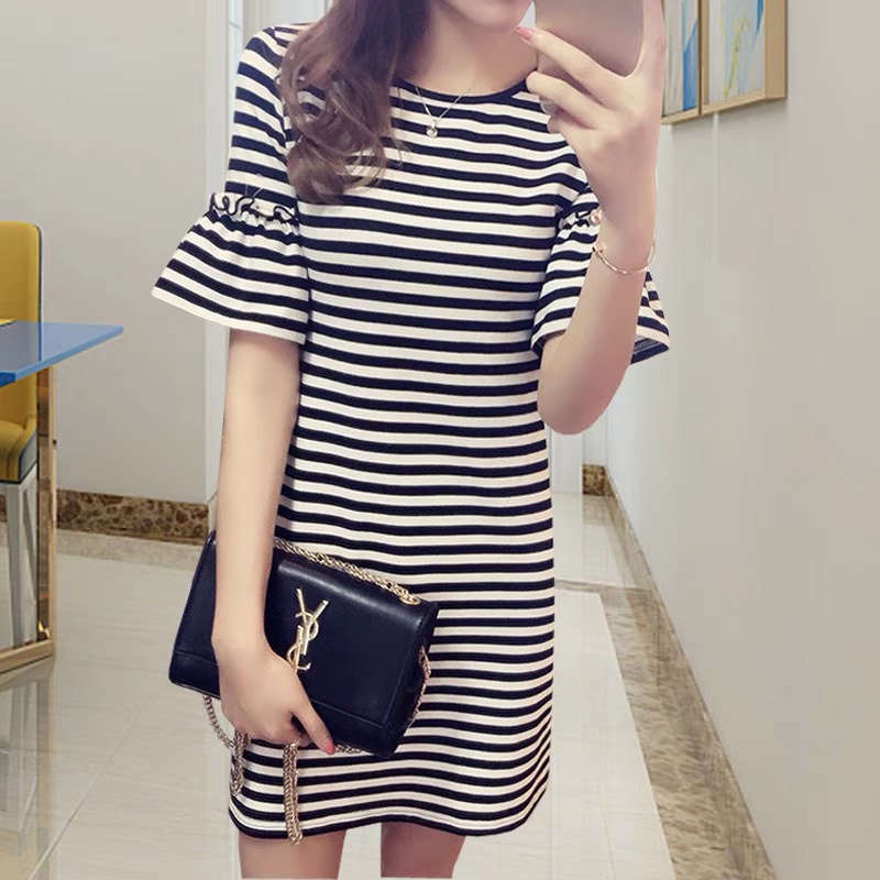 Đầm zxyouping thiết kế tay ngắn sọc ngang thoải mái và thoáng khí