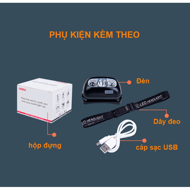 Đèn LED đội đầu ⚡️𝐅𝐑𝐄𝐄 𝐒𝐇𝐈𝐏⚡️ Chạy Bộ, Leo Núi ban đêm Cảm Ứng thông minh, sạc USB - BH 12 tháng !