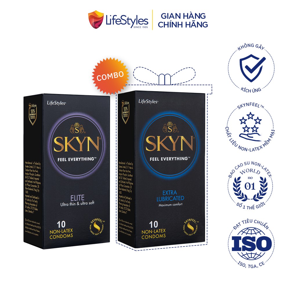 Combo bao cao su Skyn Elite Non-latex siêu mỏng 10 bao + bao cao su LifeStyles Skyn Extra Lubricated Non-latex 10 bao