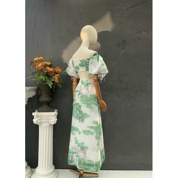 Đầm maxi loang tay phồng hồng cam xanh