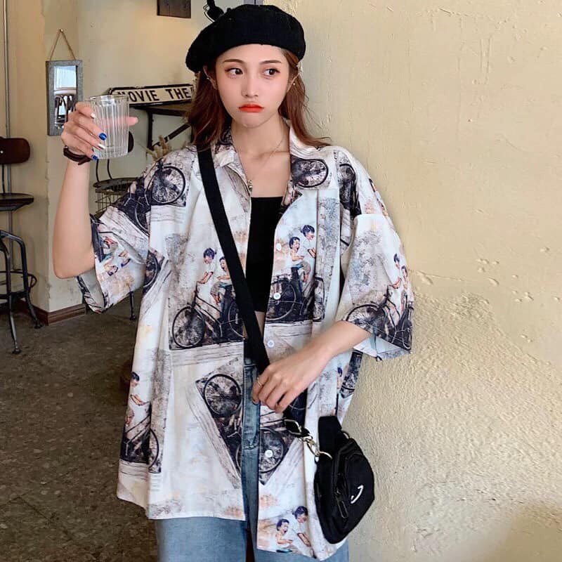 Áo sơ mi nữ in 3D cổ bẻ tay ngắn - lỡ dáng ulzzang freesize form rộng unisex mặc cặp, nhóm, in HÌNH XE ĐẠP MÀU VINTAGE