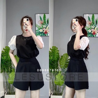 ÁO SƠ MI NỮ ĐEN PHỐI TAY BÚP TRẮNG