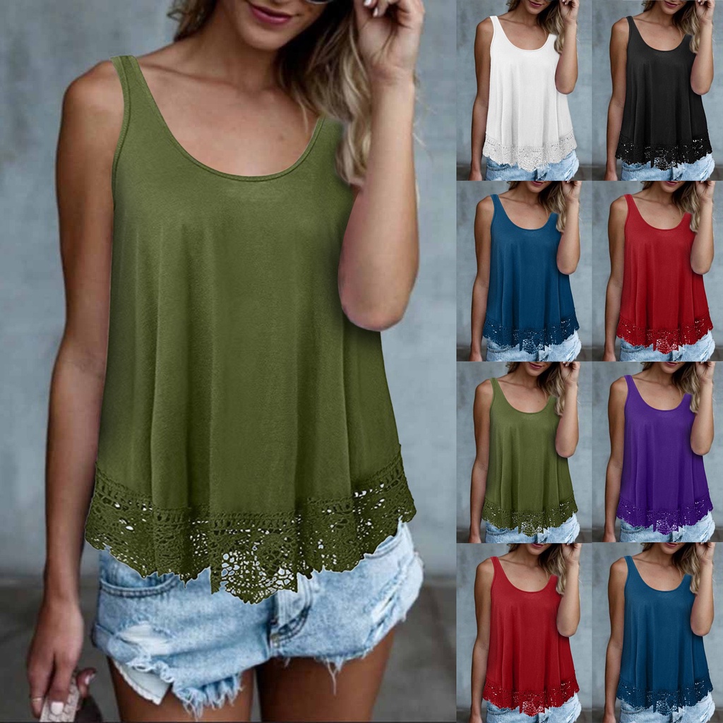Áo tank top cổ tròn dáng rộng màu trơn phối ren lỗ rỗng đơn giản cho nữ