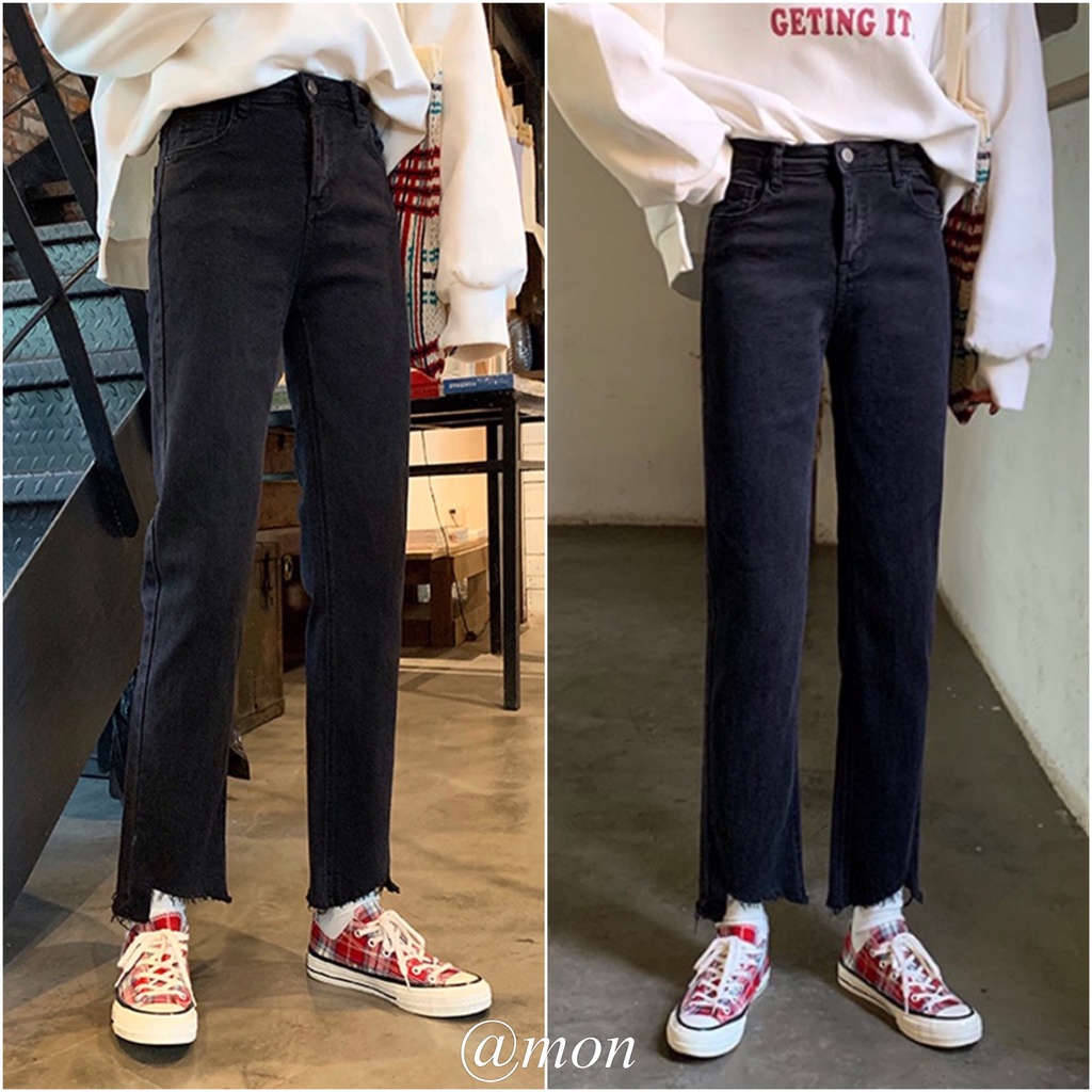 2101447 Quần jeans ulzzang dáng ống vừa form đứng màu xám đen trơn có size