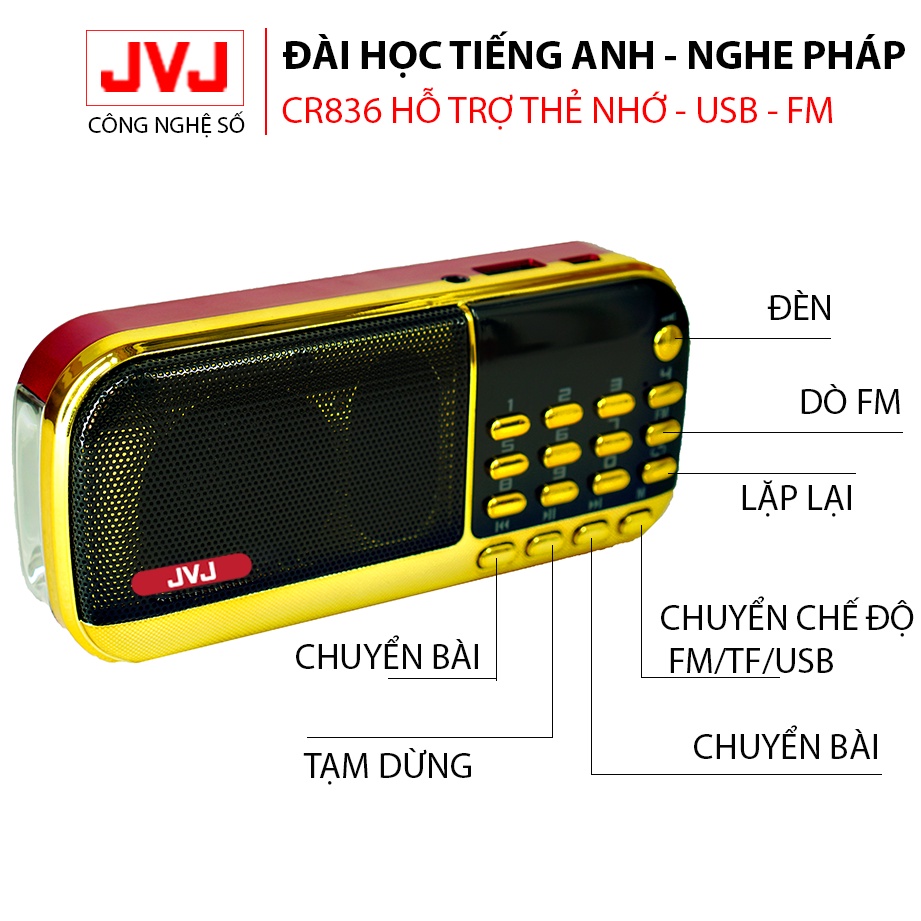 Loa nghe pháp mini JVJ J-836S 2 Pin sử dụng thẻ nhớ,USB học tiếng anh, đài FM, đèn pin siêu sáng - BH 12 tháng